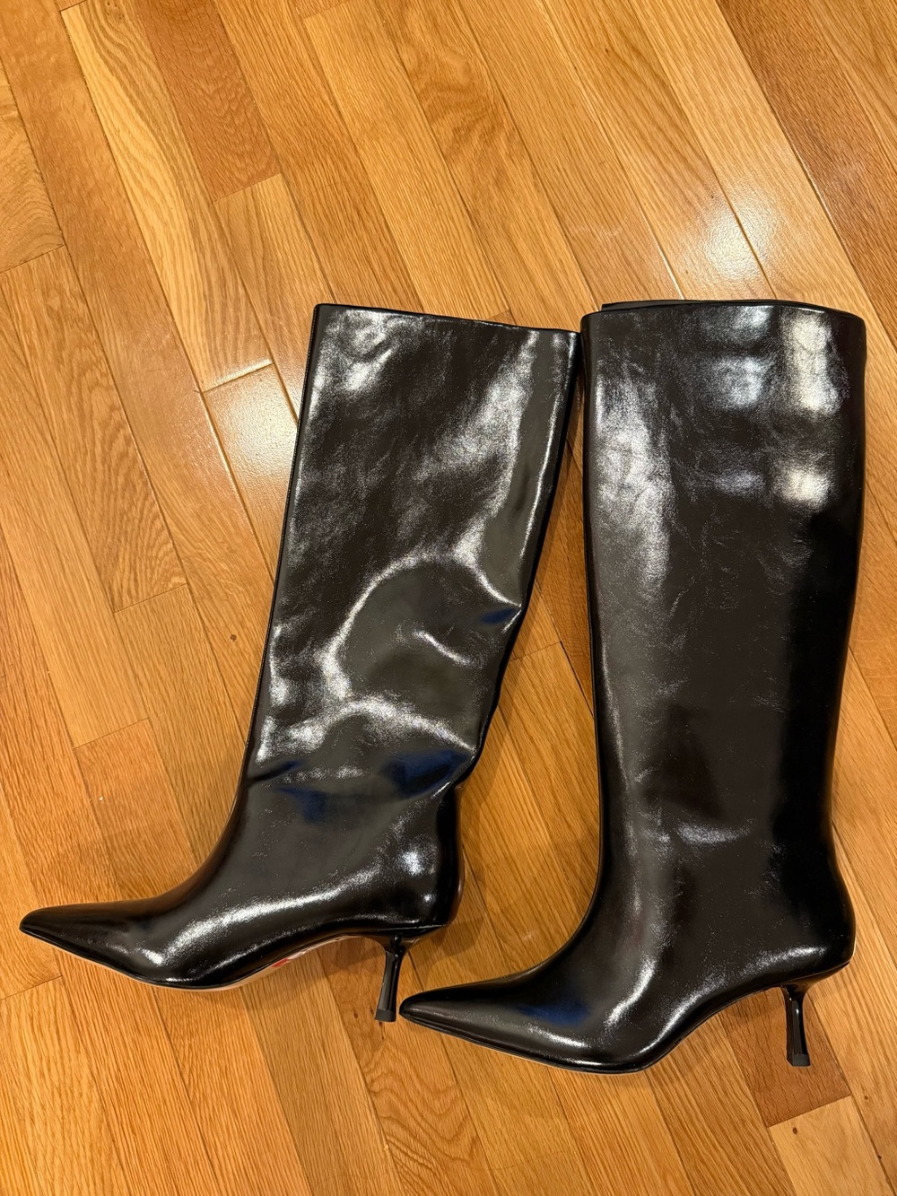 Aldo Black Patent Pointed-Toe Knee Boots with Slim Heel